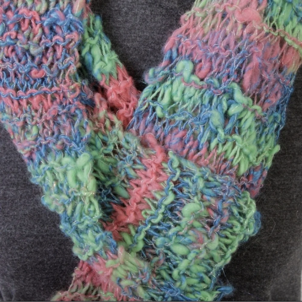 Scarf Handknit from Hand Spun Yarn Wool Bamboo & Silver Thread Handmade Unique